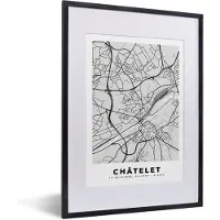 PosterMonkey Fotolijst incl. Poster Zwart Wit- België – Châtelet – Stadskaart – Kaart – Zwart Wit – Plattegrond - 30x40 cm - Posterlijst