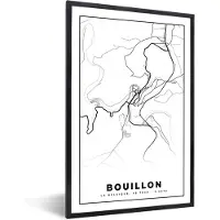 PosterMonkey Fotolijst incl. Poster Zwart Wit- België – Bouillon – Stadskaart – Kaart – Zwart Wit – Plattegrond - 60x90 cm - Posterlijst