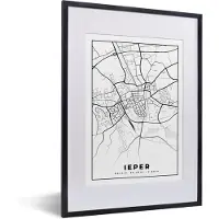 PosterMonkey Fotolijst incl. Poster Zwart Wit- Stadskaart – Plattegrond – België – Zwart Wit – Ieper – Kaart - 30x40 cm - Posterlijst