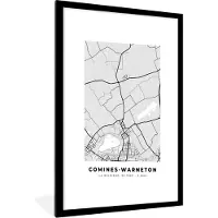 PosterMonkey Fotolijst incl. Poster Zwart Wit- Zwart Wit – België – Plattegrond – Stadskaart – Kaart – Comines Warneton - 60x90 cm - Posterlijst