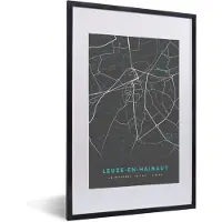 PosterMonkey Fotolijst incl. Poster - België – Leuze en Hainhaut – Stadskaart – Kaart – Blauw – Plattegrond - 40x60 cm - Posterlijst