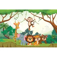 Karo-art 450cm X 300cm - Fotobehang - Blije dieren in de Jungle, Kinderkamer, te koop in 11 maten, inclusief behanglijm