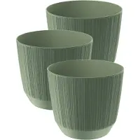 Prosperplast Plantenpot - 3x stuks - stripe - olijfgroen - kunststof - D17xH15 cm - voor binnen/buiten