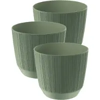 Prosperplast Plantenpot - 3x stuks - stripe - olijfgroen - kunststof - D20xH17 cm - voor binnen/buiten