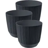 Prosperplast Plantenpot - 3x stuks - stripe - antraciet grijs - kunststof - D13xH11 cm - voor binnen/buiten