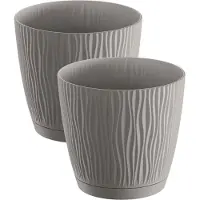 Prosperplast Plantenpot/bloempot Waves - 4x stuks - kunststof - steengrijs - D19 x H18 cm - binnen/buiten - met opvangschaal