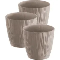 Prosperplast Plantenpot/bloempot Waves - 3x stuks - kunststof - taupe - D17 x H16 cm - binnen/buiten - met opvangschaal
