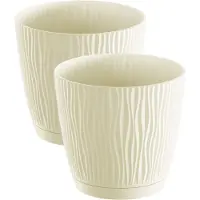 Prosperplast Plantenpot/bloempot Waves - 4x stuks - kunststof - creme wit - D19 x H18 cm - binnen/buiten - met opvangschaal