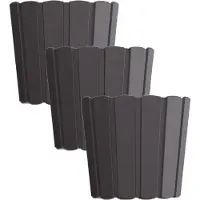 Prosperplast Set van 3x stuks wood-look plantenpot/bloempot kunststof dia 16.5 cm/hoogte 15 cm antraciet voor binnen/buiten