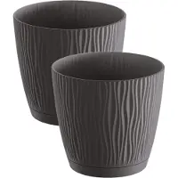 Prosperplast Plantenpot/bloempot Waves - 4x stuks - kunststof - antraciet grijs - D15 x H14 cm - binnen/buiten - met opvangschaal