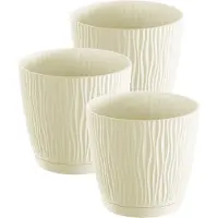 Prosperplast Plantenpot/bloempot Waves - 3x stuks - kunststof - creme wit - D17 x H16 cm - binnen/buiten - met opvangschaal