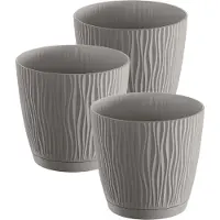 Prosperplast Plantenpot/bloempot Waves - 3x stuks - kunststof - steengrijs - D19 x H18 cm - binnen/buiten - met opvangschaal