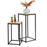 Urban Living Bijzettafel/plantenstandaard set - 2-delig - zwart/bruin - metaal/hout - D30 x H54 cm en D34 x H74 cm - Bij