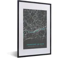 PosterMonkey Fotolijst incl. Poster - Stadskaart – Plattegrond – Duitsland – Blauw – Frankfurt am Main – Kaart - 40x60 cm - Posterlijst