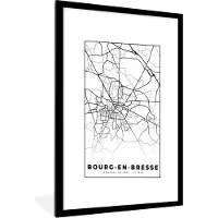 PosterMonkey Fotolijst incl. Poster Zwart Wit- Stadskaart – Frankrijk – Kaart – Bourg-en-Bresse - Plattegrond - Zwart wit - 60x90 cm - Posterlijst
