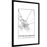 PosterMonkey Fotolijst incl. Poster Zwart Wit- Stadskaart – Châlons-en-Champagne - Plattegrond – Kaart – Frankrijk - Zwart wit - 80x120 cm - Posterlijst