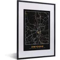 PosterMonkey Fotolijst incl. Poster - Stadskaart – Plattegrond – Duitsland – Goud – Zwickau – Kaart - 30x40 cm - Posterlijst