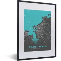PosterMonkey Fotolijst incl. Poster - Saint-Malo - Stadskaart - Plattegrond - Kaart - Frankrijk - 30x40 cm - Posterlijst