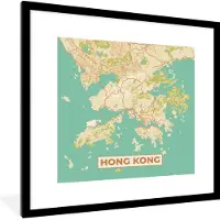 PosterMonkey Fotolijst incl. Poster - Kaart - Hong Kong - Stadskaart - Vintage - Plattegrond - 40x40 cm - Posterlijst