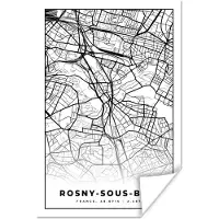 PosterMonkey Poster Kaart - Plattegrond - Rosny-sous-Bois - Frankrijk - Stadskaart - Zwart wit - 80x120 cm