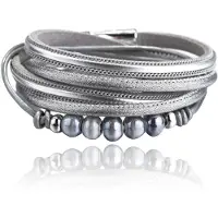 Deja Jewels Grijze multilayer Boho armband rondgenaaid PU leer en kralen