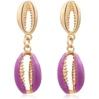 Deja Jewels Goudkleurige dames oorbellen hangers met dubbele paarse schelpjes