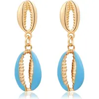 Deja Jewels Goudkleurige dames oorbellen hangers met dubbele blauwe schelpjes