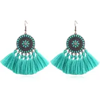 Deja Jewels Bohemian Ibiza oorbellen hangers met katoenen kwastjes kleur turquoise