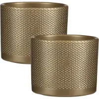 Mica Decorations 2x stuks bloempot in het relief goud keramiek voor kamerplant H14.5 x D17.5 cm - Plantenpotten