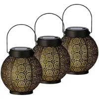Lumineo 3x stuks solar lantaarn met cirkel patroon metaal zwart 16 cm - Lantaarns