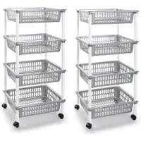 Forte Plastics 2x stuks zilverkleurige opberg trolleys/roltafels met 4 manden 85 cm - Opberg trolley