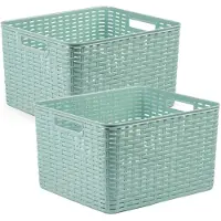 Forte Plastics 2x stuks rotan gevlochten opbergmand/opbergbox kunststof - mintgroen - 34 x 40 x 23 cm - Opbergbox