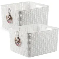 Forte Plastics 2x stuks rotan gevlochten opbergmand/opbergbox kunststof - wit - 34 x 40 x 23 cm - Opbergbox