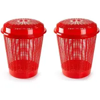 Forte Plastics 2x stuks ronde wasmanden/opberg mand met deksel 50 liter in het rood - Wasmanden