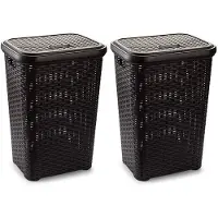 Forte Plastics 2x stuks grote rotan wasmand met deksel van 60 liter in het donkerbruin - Wasmanden