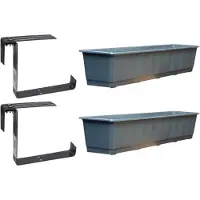 Geli Set van 2 kunststof plantenbakken grijs rechthoekig 80 cm met 4 verstelbare railing beugels - Plantenbakken