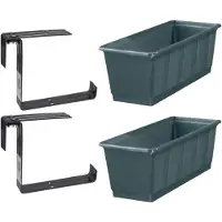 Geli Set van 2 kunststof plantenbakken grijs rechthoekig 60 cm met 4 verstelbare railing beugels - Plantenbakken