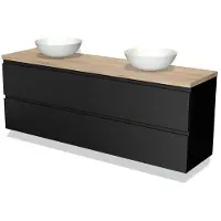 Maxaro Modulo Plato Badkamermeubel voor waskom | 180 cm Mat zwart Greeploos front Lichtbruin eiken blad 4 lades