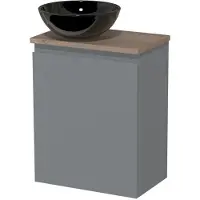 Maxaro Toiletmeubel met waskom | 41 cm Middengrijs Greeploos front Hoogglans zwart Keramiek waskom Middenbruin eiken blad