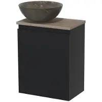 Maxaro Toiletmeubel met waskom | 41 cm Mat zwart Greeploos front Blue stone Natuursteen waskom Eiken blad