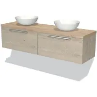 Maxaro Modulo Plato Badkamermeubel voor waskom | 160 cm Lichtgrijs eiken Vlak front Lichtbruin eiken blad 2 lades naast elkaar