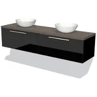 Maxaro Modulo Plato Badkamermeubel voor waskom | 180 cm Hoogglans zwart Vlak front Donkerbruin eiken blad 2 lades naast elkaar