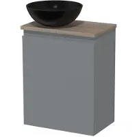 Maxaro Toiletmeubel met waskom | 41 cm Middengrijs Greeploos front Mat zwart Keramiek waskom Eiken blad