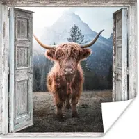 PosterMonkey Poster Schotse hooglander - Koe - Landelijk - Doorkijk - 100x100 cm XXL