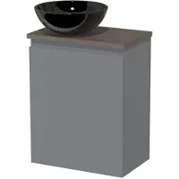Maxaro Toiletmeubel met waskom | 41 cm Middengrijs Greeploos front Hoogglans zwart Keramiek waskom Donkerbruin eiken blad