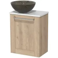 Maxaro Toiletmeubel met waskom | 41 cm Lichtbruin eiken Kader front Blue stone Natuursteen waskom Hoogglans wit blad