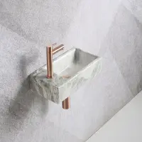 Guido Gusto Fonteinset Mia 40.5x20x10.5cm marmerlook wit grijs links inclusief fontein kraan, sifon en afvoerplug mat rose goud