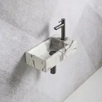 Guido Gusto Fonteinset Mia 40.5x20x10.5cm marmerlook wit geaderd grijs rechts inclusief fontein kraan, sifon en afvoerplug gun metal