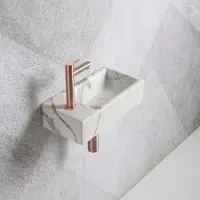 Guido Gusto Fonteinset Mia 40.5x20x10.5cm marmerlook wit geaderd grijs links inclusief fontein kraan, sifon en afvoerplug mat rose goud