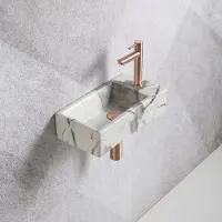 Guido Gusto Fonteinset Mia 40.5x20x10.5cm marmerlook wit geaderd grijs rechts inclusief fontein kraan, sifon en afvoerplug mat rose goud
